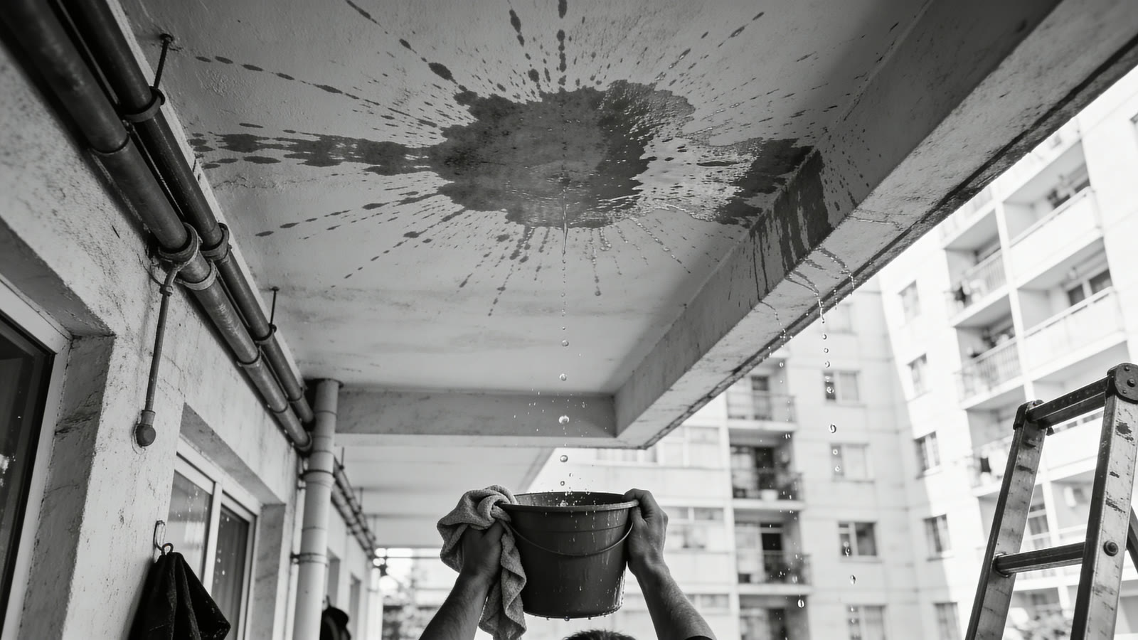 Tache d'humidité au plafond d'un appartement après une fuite d'eau