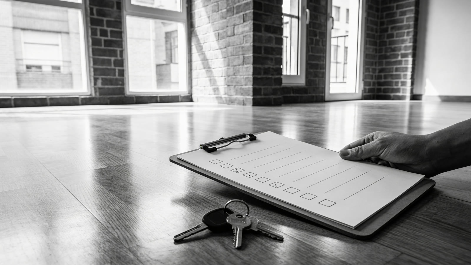 Locataire et propriétaire remplissant un état des lieux dans un appartement vide