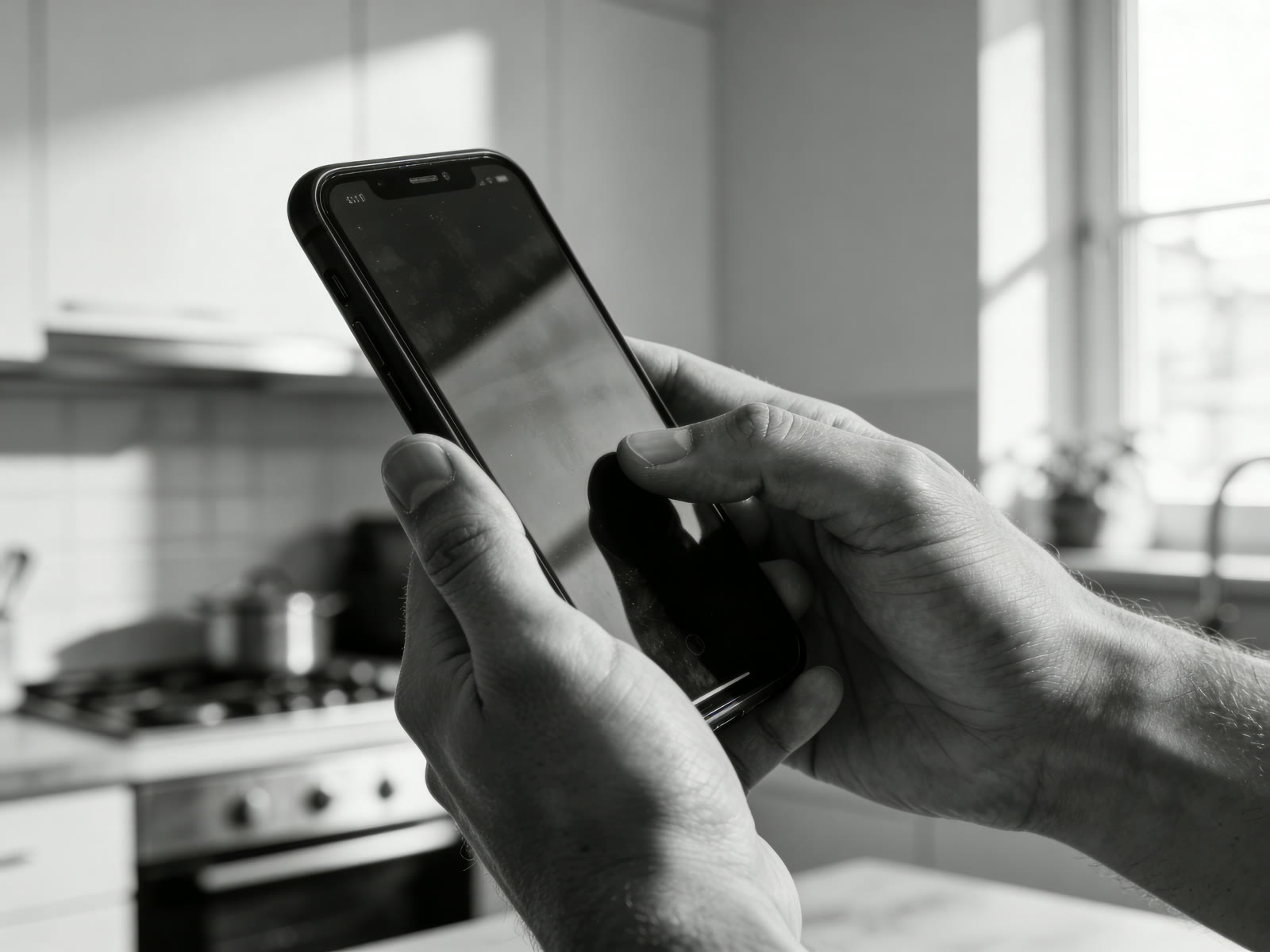 Locataire déclarant un incident depuis son smartphone dans son appartement
